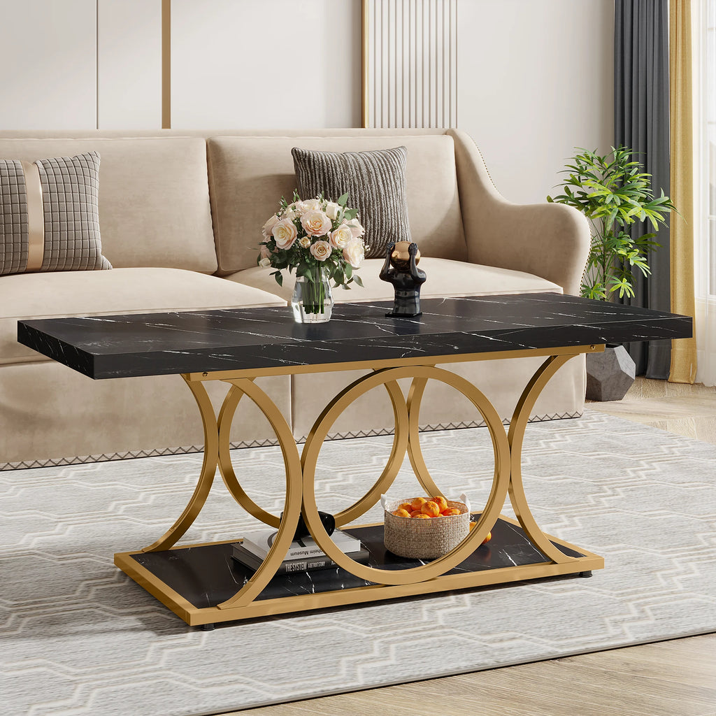 Rectangle Coffee Table, 2-Tier Faux Marble Wood