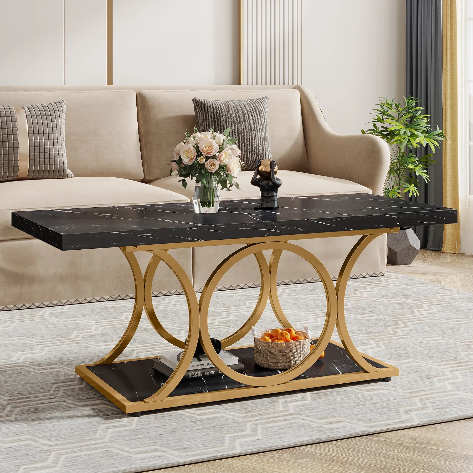 Rectangle Coffee Table, 2-Tier Faux Marble Wood