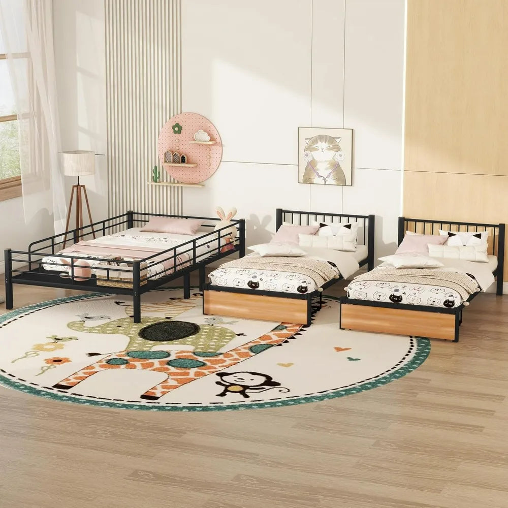 Sturdy Metal Triple Deck Bunk Bed, Full-Size Top with Twin Beds Below, Storage Drawers Included, 3-Bed Configuration/Convertible