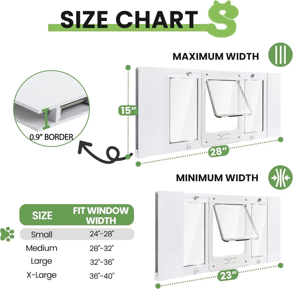 Pet Door for Window, Suitable for Window Widths of 24"-28", Quick-Fit Cat Door Window Insert, 4 Locking Mechanisms