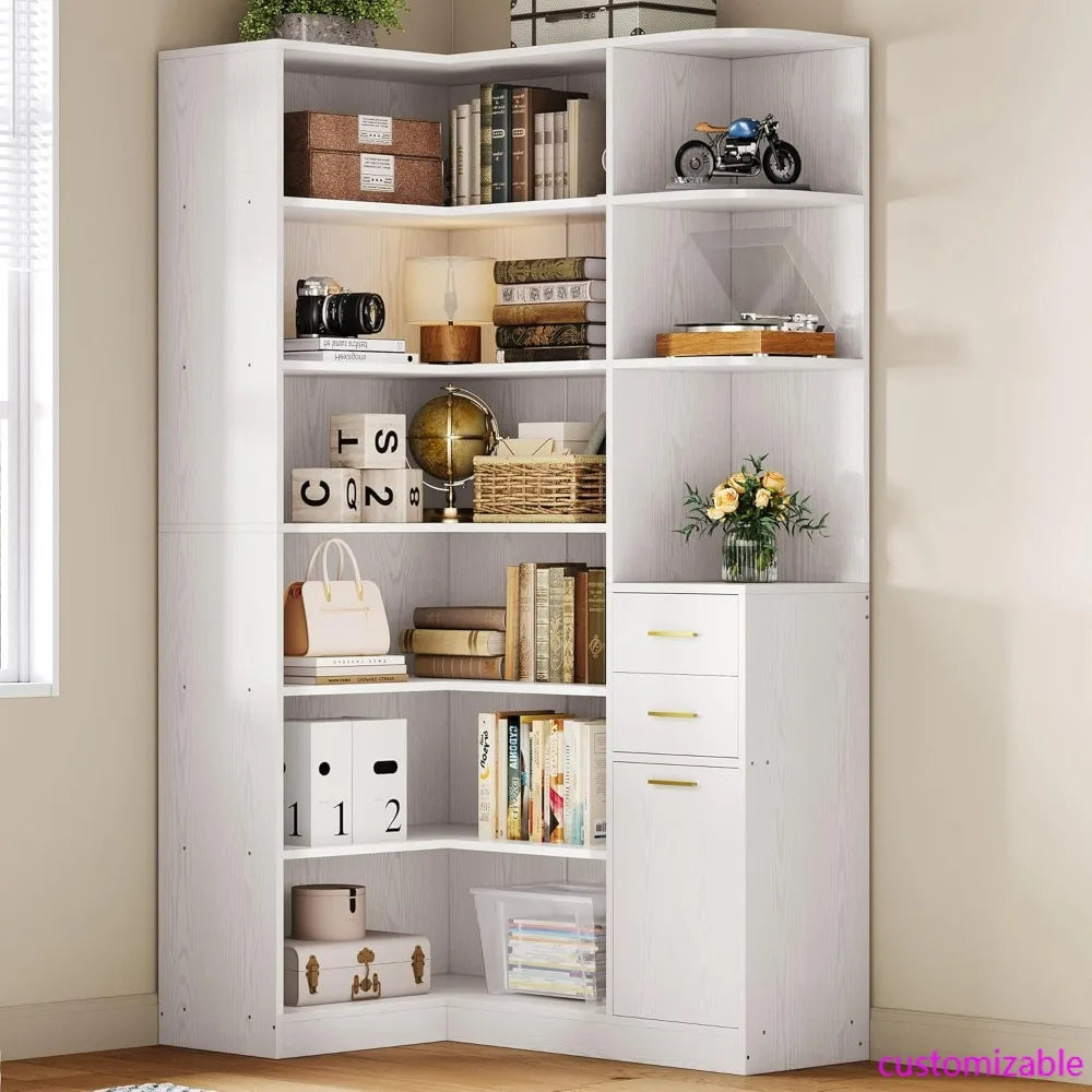 L-Shaped 76-Inch Tall Corner Bookshelf with 6 Tiers, 10 Open Shelves, and 2 Storage Drawers