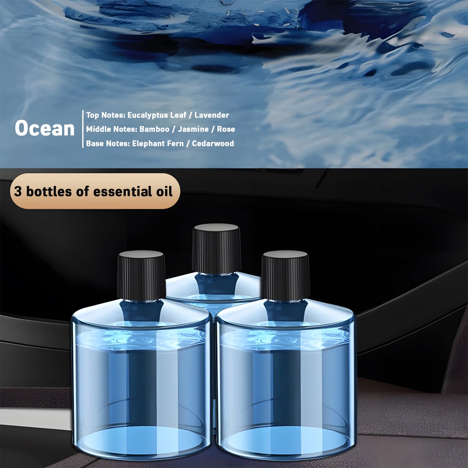 Car Diffuser Humidifier 5 Modes Car Humidifier Aromatherapy Diffusers Car Air Freshener USB Aromatherapy Essential Oil Air Freshener USB Cool Mist Mini Portable Diffuser For Car Home Office Bedroom with 3 Bottle Ocean Scent