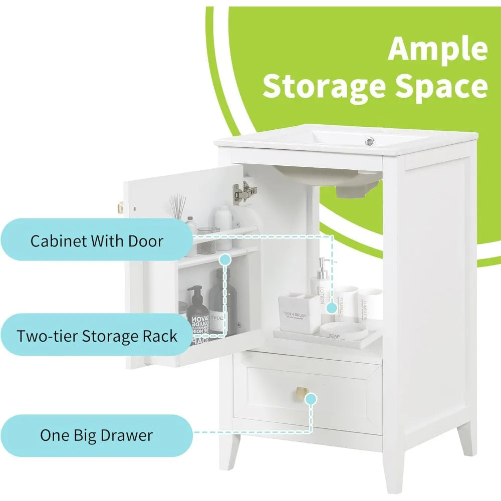 20 Inch Solid Wood and MDF Bathroom Vanity Cabinet with Undermount Sink, Storage Shelf, Single Drawer, and Soft-Closing Door