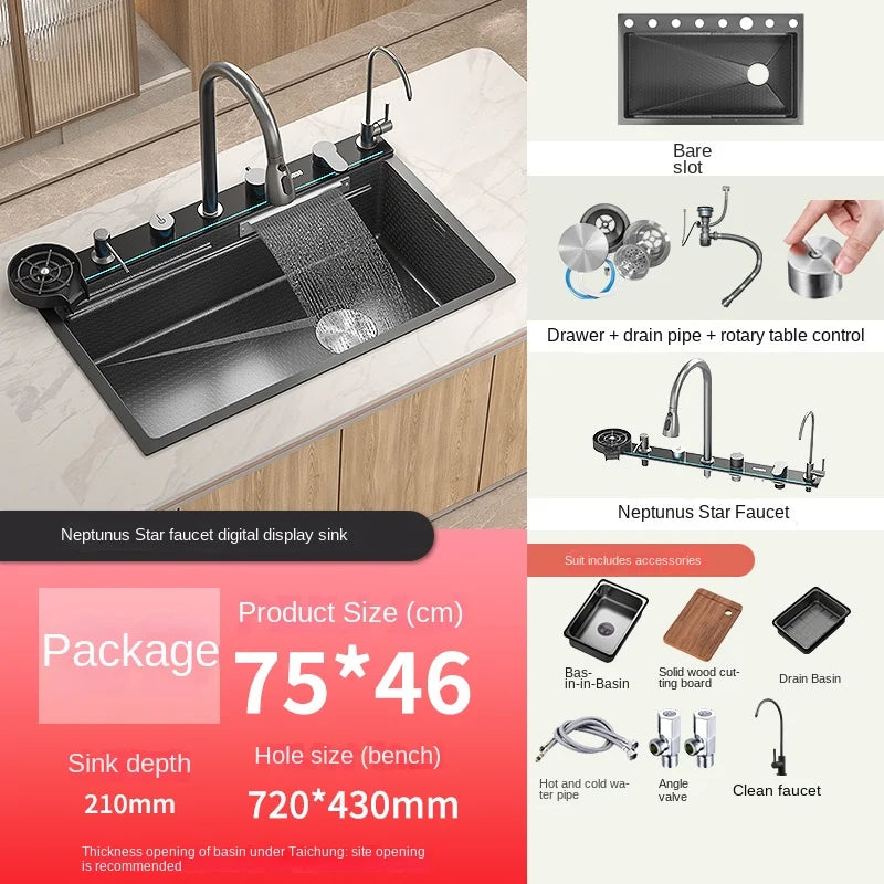 Gold 5mm Waterfall Kitchen Sink/ Honeycomb Technology Large Digital Display Stainless Steel Sink