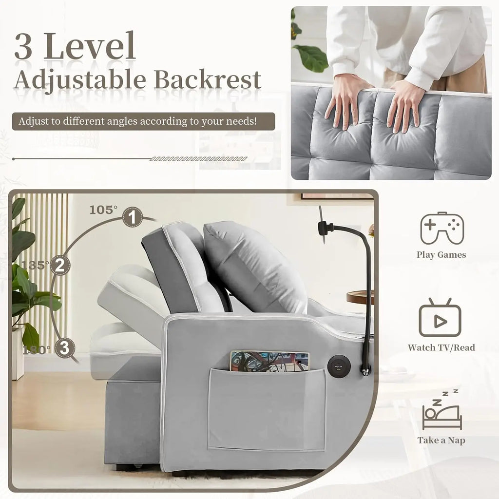 1 Velvet Single Small Futon Sofa Bed with Phone Holder & USB Ports, Pull Out Couch Recliner with Adjustable Backrest Room