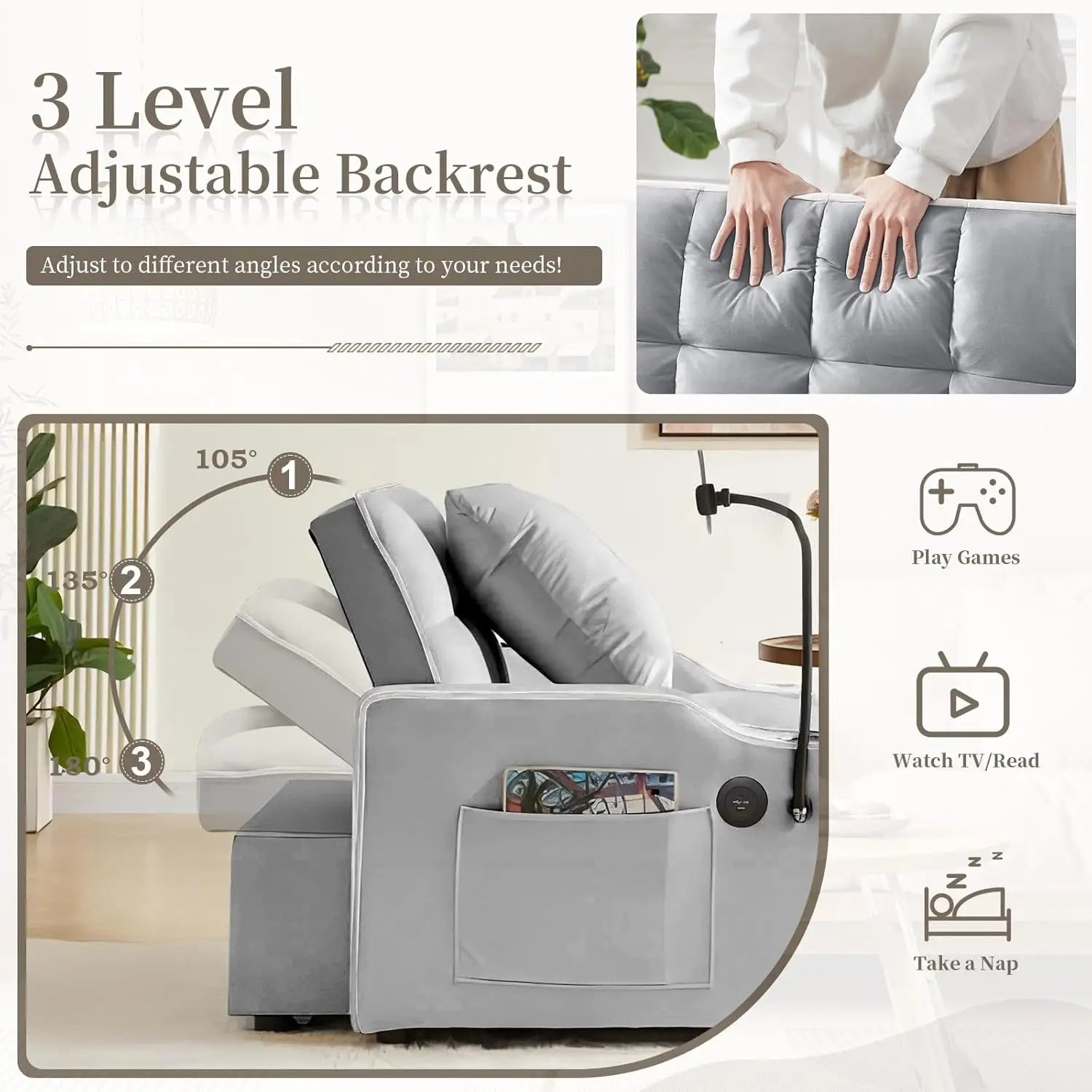 1 Velvet Single Small Futon Sofa Bed with Phone Holder & USB Ports, Pull Out Couch Recliner with Adjustable Backrest Room
