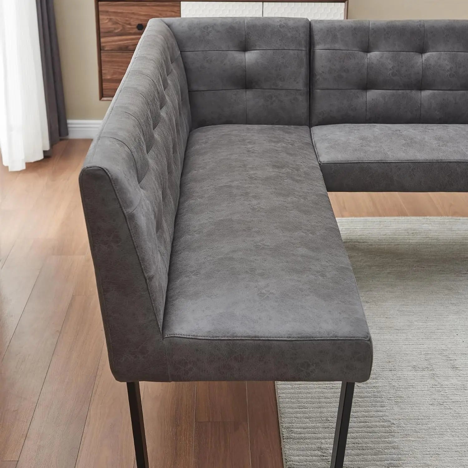 Modern L-Shaped Dining Bench, Vintage Fabric Upholstered Corner Sofa with Metal Legs for Kitchen Nook, Living Room