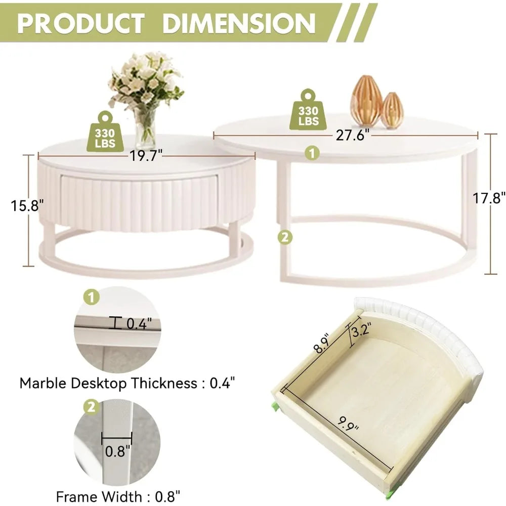 Round Marble Coffee Table with Storage Round Nesting Coffee Table Set of 2 Modern White Coffee Tables for Living Room Coffee Table