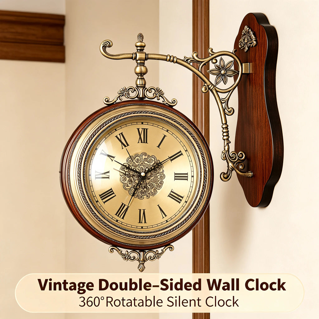 Double-Sided Wall Clock Vintage Style, 12-inch Silent Round Clock with 360° Rotation, Easy-to-Read Dual-Sided Dial for Living Room Office, Brown