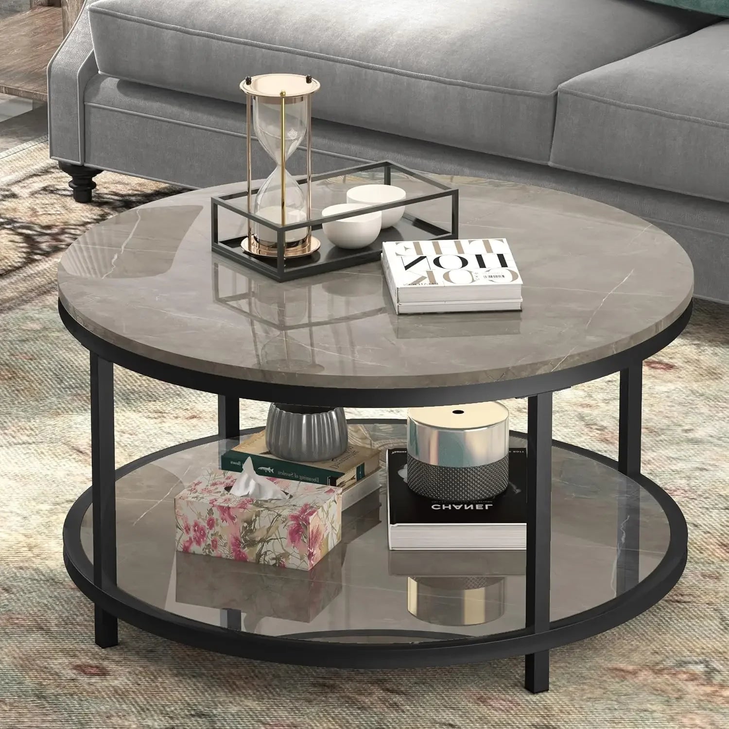 33.5" Round Coffee Table/  Coffee Table Room/ High Glossy Faux Marble Top /Circle Table Sturdy Gold Frame Legs/ Cocktail Table
