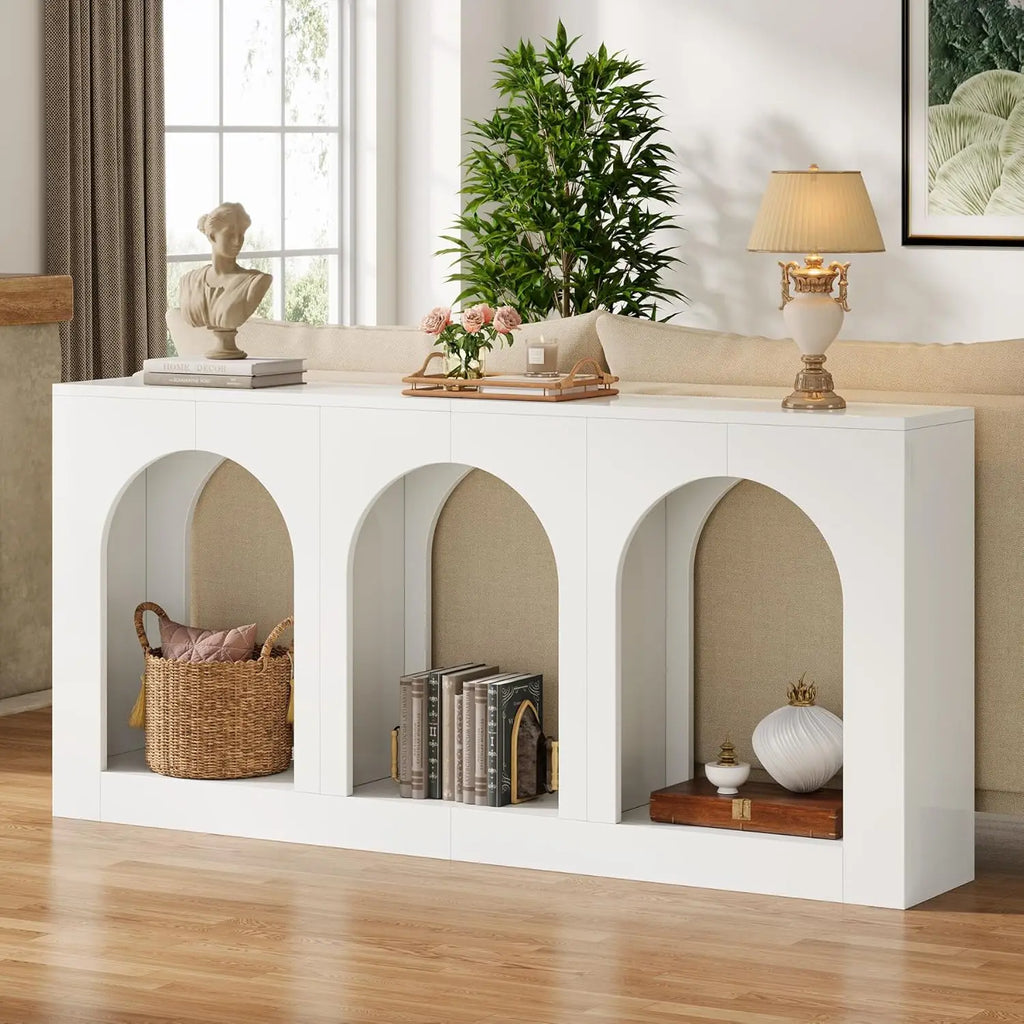 70.9" White Console Table with Storage, Wood Entryway Entry Table with 3 Arched Shelves for Foyer, Hallway, Living Room