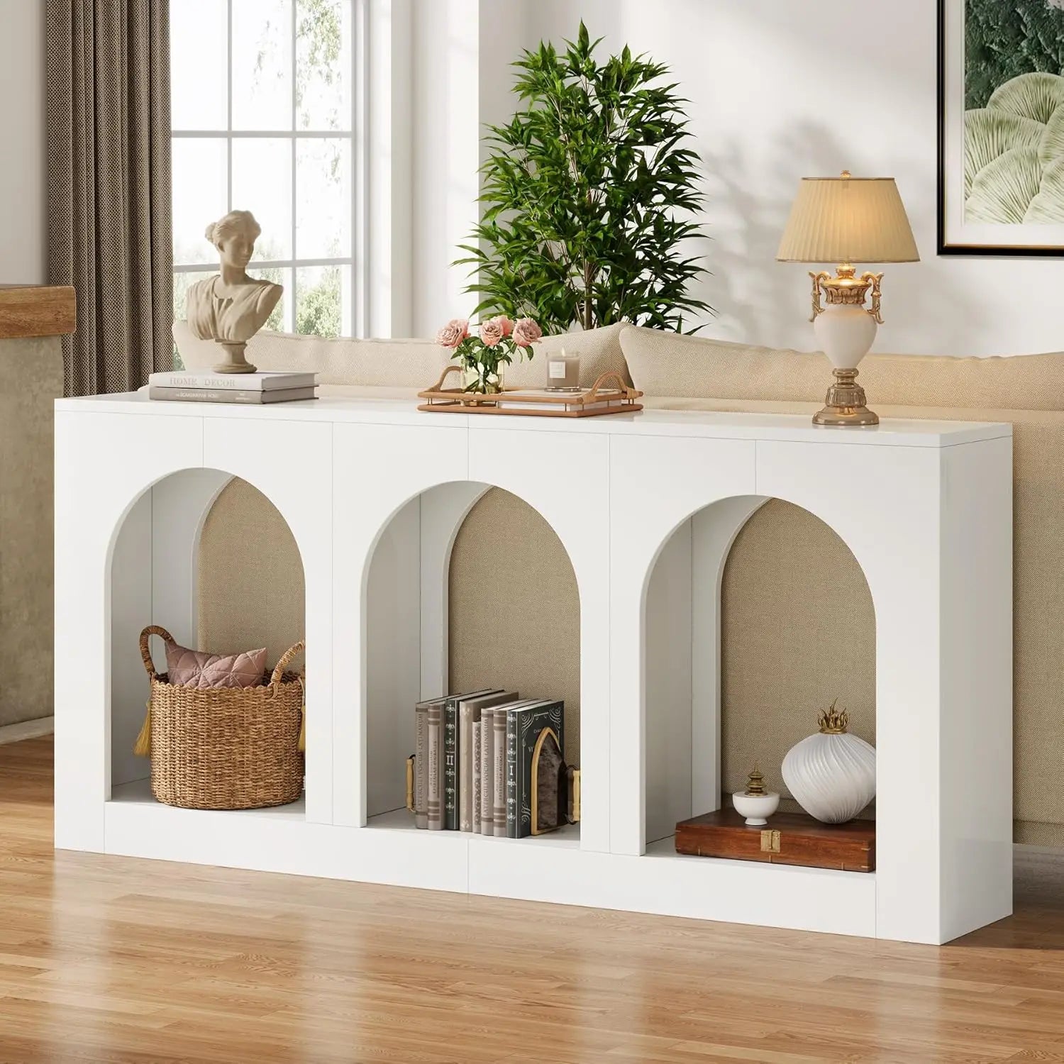 70.9" White Console Table with Storage, Wood Entryway Entry Table with 3 Arched Shelves for Foyer, Hallway, Living Room