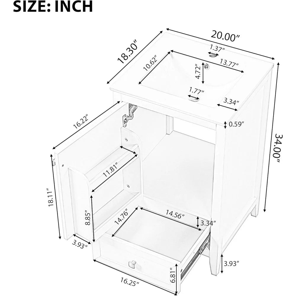 20 Inch Solid Wood and MDF Bathroom Vanity Cabinet with Undermount Sink, Storage Shelf, Single Drawer, and Soft-Closing Door