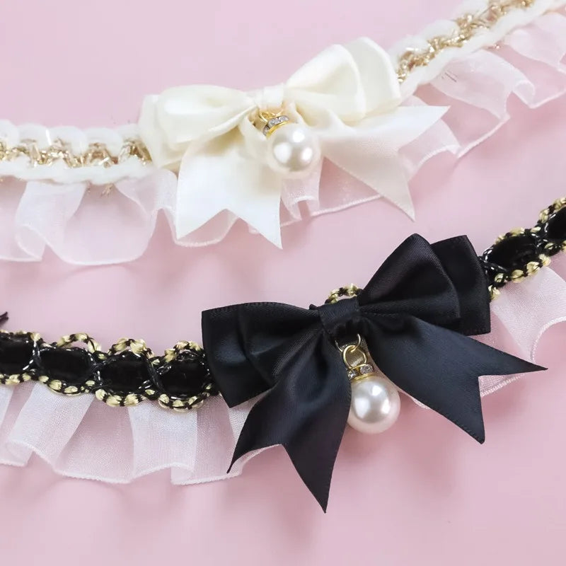 Lace Princess Cat Collar Necklace with Bow and Pearl Decoration Cute Kitten Jewelry Accessory