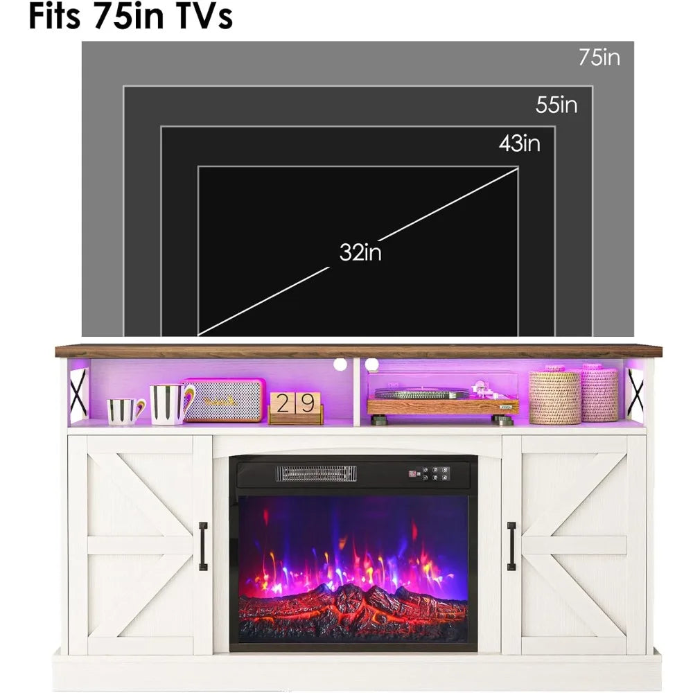 TV Stand with Fireplace, 59" Entertainment Center with LED Lights, for 65" TVs, with Opening Shelves and Storage Cabinet