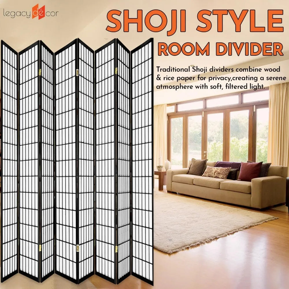 8 Panels Room Divider Privacy Screen Partition Shoji Style Black Finish 71" High x 140" Wide