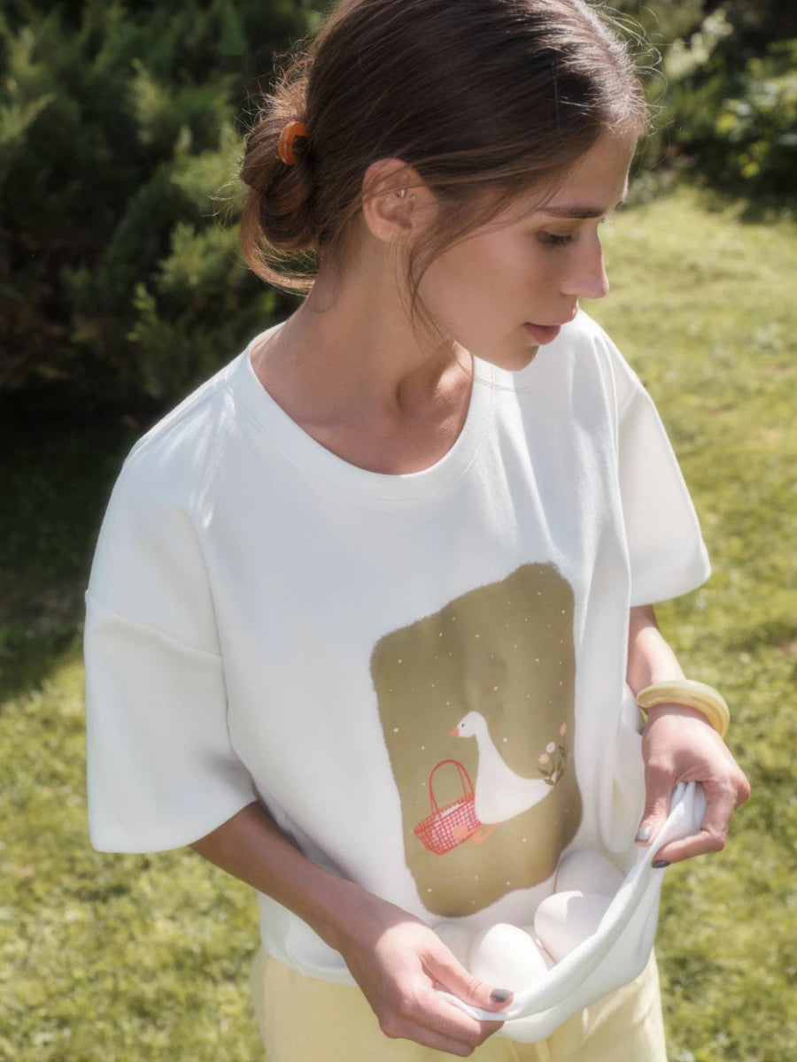 Cotton Women's Fashionable Printed T-shirt Casual Vintage Fashion Hip Hop Loose Top 230g/m³ Printing Short Sleeve