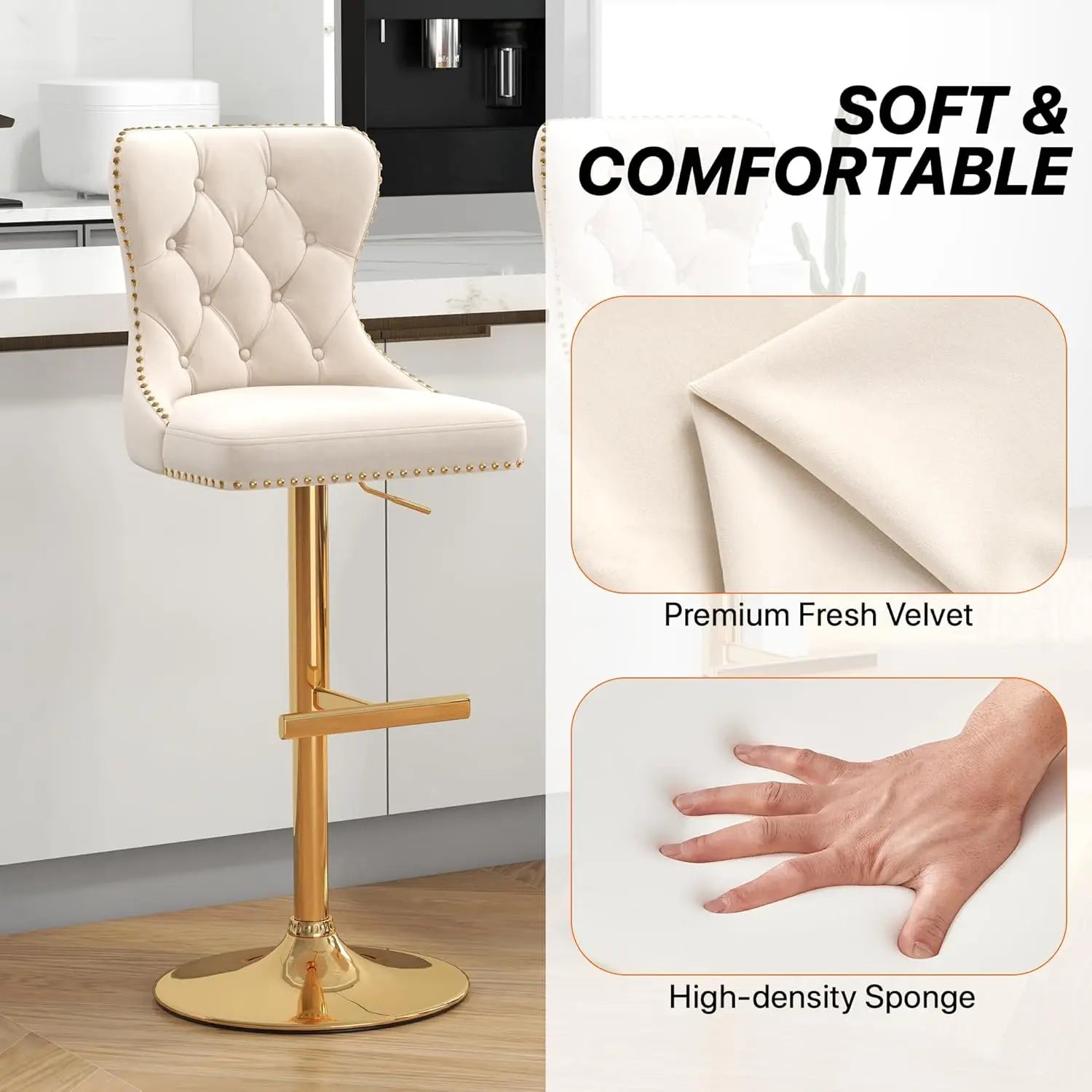 Bar Stools Set of 2, Velvet Swivel Counter Height Stoolsk, Adjustable Seat with Nailheads Trim, Upholstered Bar Chairs