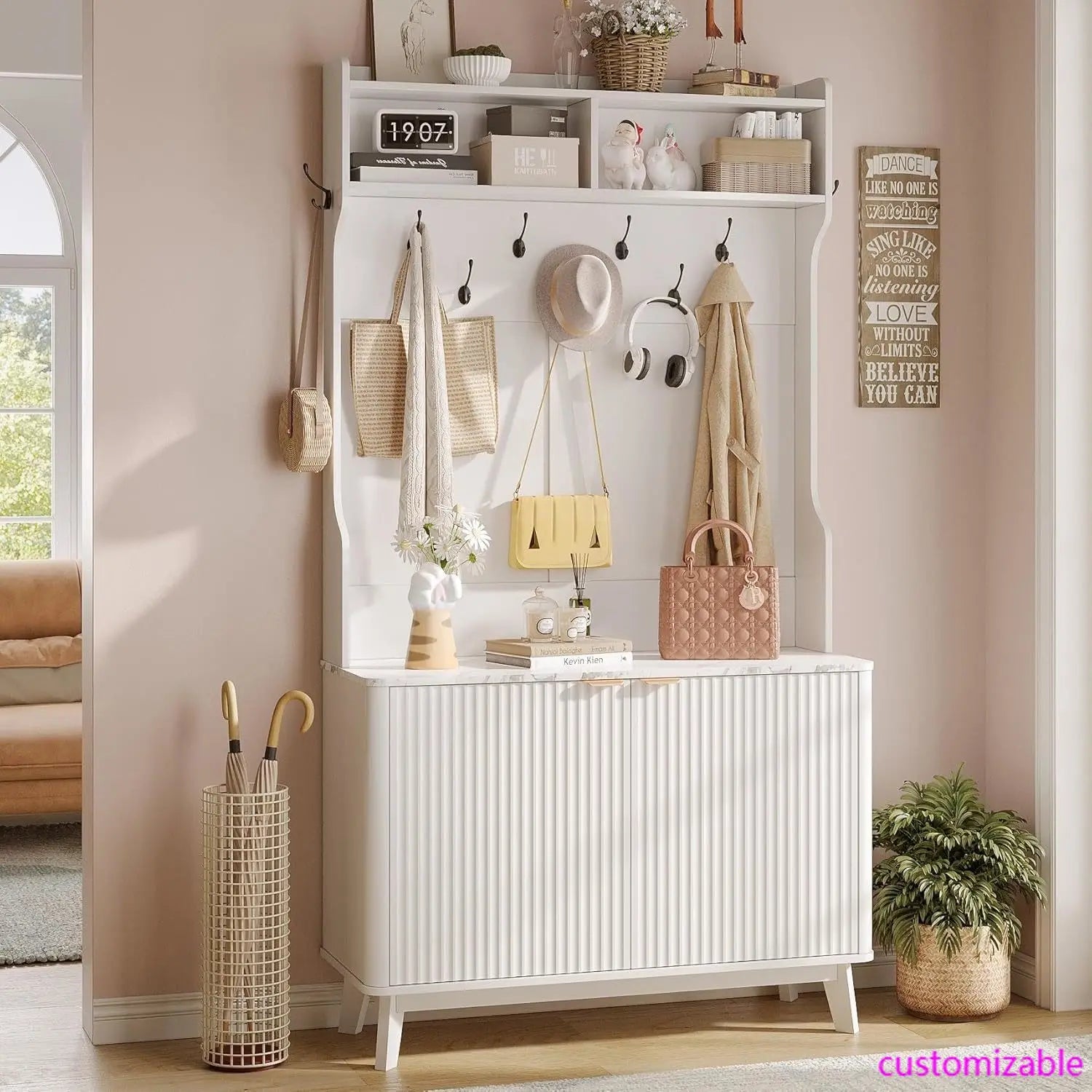 4-in-1 Entryway/Hallway Tree with Shoe Storage, 77" Coat Rack with 18 Shoes Cubbies & 9 Coat Hooks