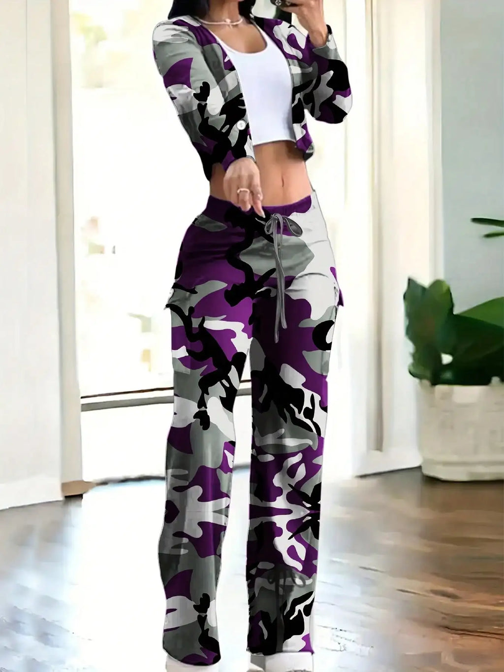 BWQ 2pcs/Set Women Popular Orange Knit Cardigan & Cargo Pant | V-Neck Button-Up Top Pants With Drawstring Waist | Elegant Casual