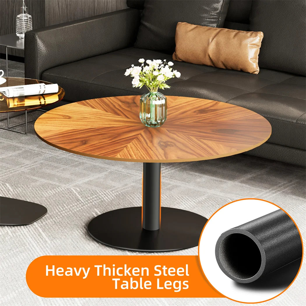 LUVODI Modern Round Marble Coffee Table Set of 2 Living Room Center Table Sofa Side Desk with Black Glass End Table w Metal Legs