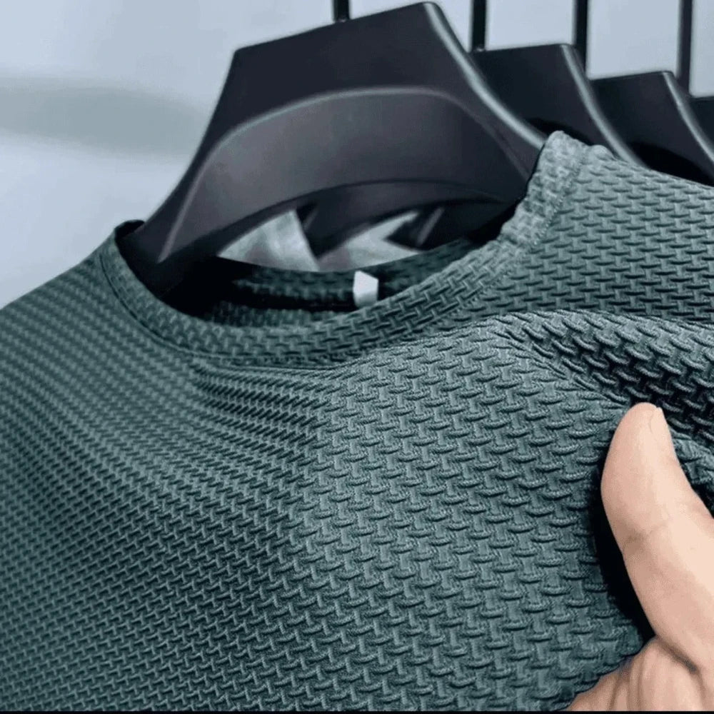Men Ice Silk Bamboo Mesh T-shirt Summer Elastic Short Sleeve Round Neck Tees Casual Slim Fit Basic Tops Trendy Male Daily Streetwear Shirts
