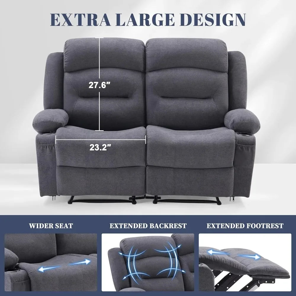 Spacious Two-Person Reclining Loveseat with Heating and Massage, Compact Recliner Sofa with Drink Holders and USB Charging