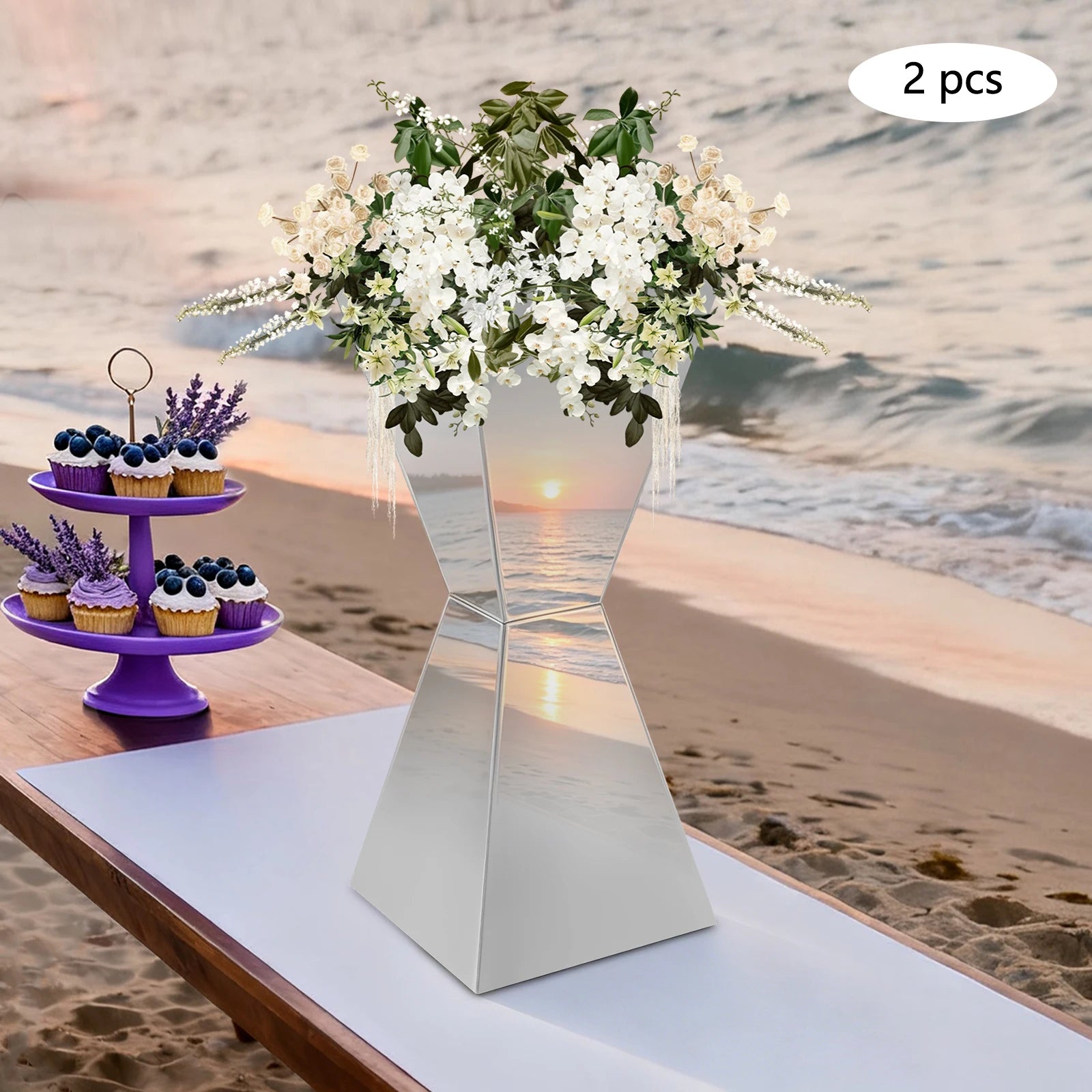 2PCS Stainless Steel Flower Stand, Gold/Silver Wedding Dessert Table Display /Stand, 25*25*60cm Freestanding Centerpiece Holder For Wedding, Birthday, Party Decor