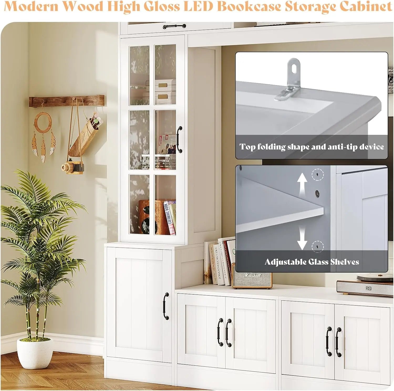 98" W Wall Unit TV Stand with Storage for TVs up to 80",Modern TV Console with LED Lights, Entertainment Center with Bookshelves