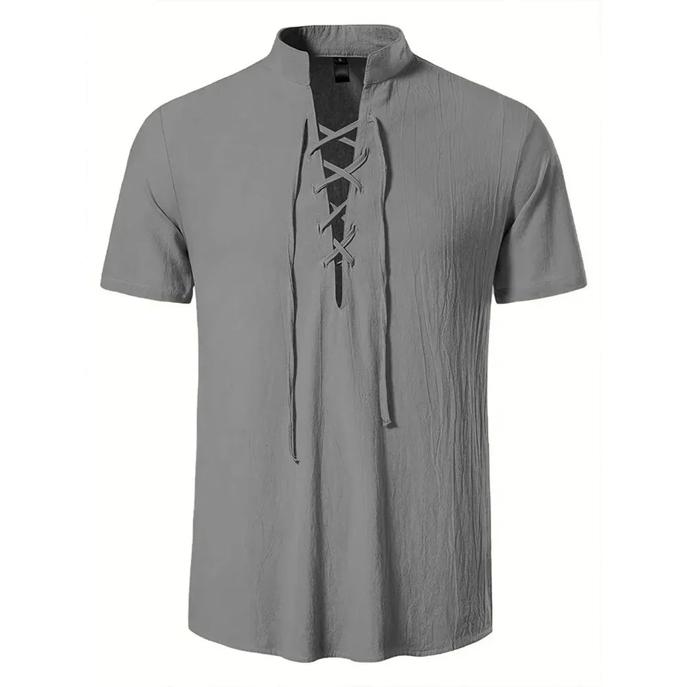 Men's Retro Shirt Short Sleeve Cotton Linen Lightweight Breathable Solid Color Fashion Tops Pirate V-neck Male Stylish Shirt
