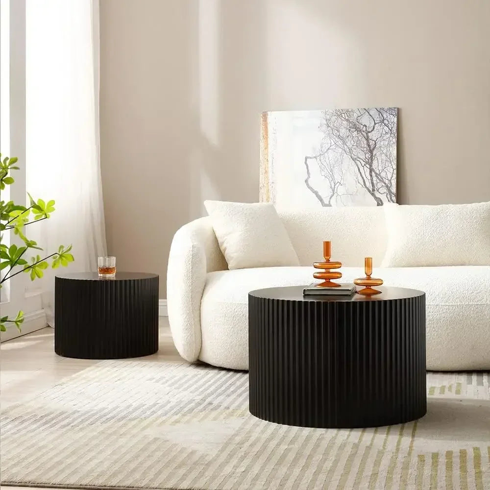 Black Round Coffee Table Set of 2,for Living Room, Modern Wooden Side Tables Accent End Table for Apartment,(Black-Round)