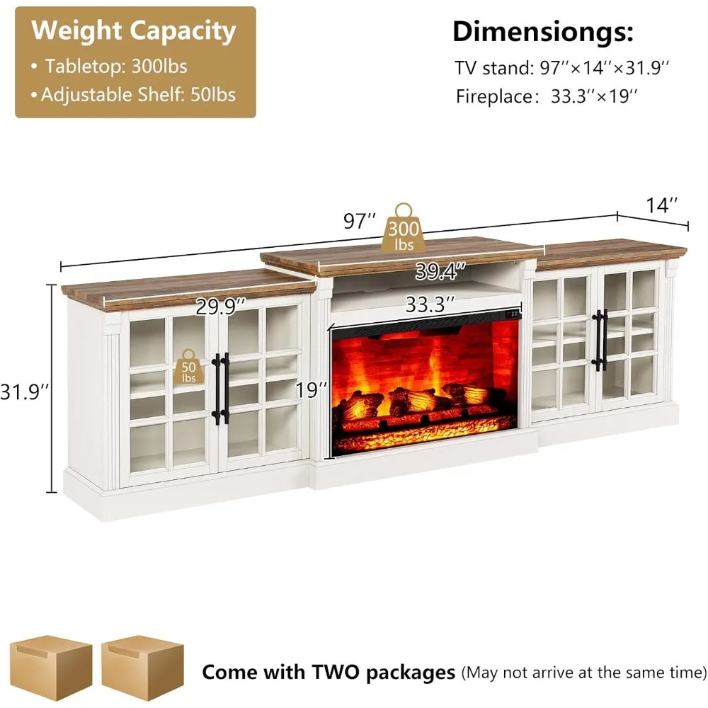 97" Farmhouse TV Stand with 33" Fireplace for TVs up to 100", Media Entertainment Center with Large Storage Cabinet