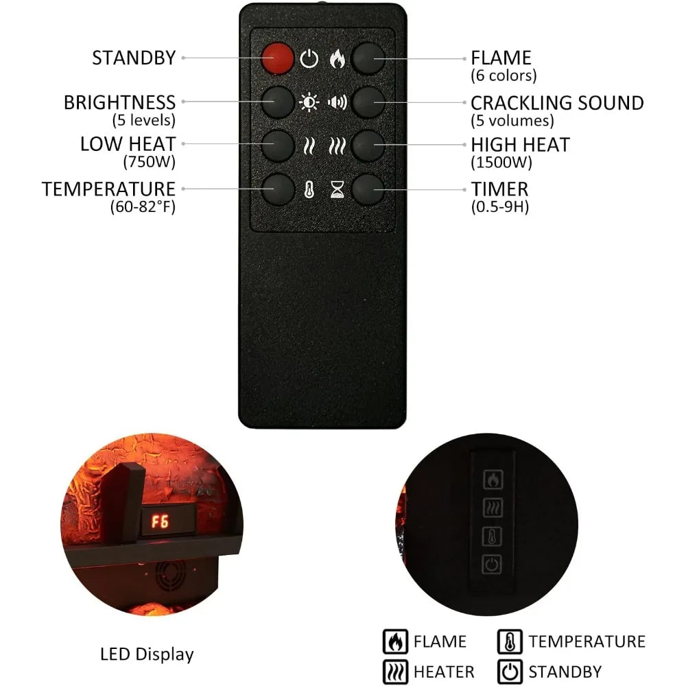 24-Inch Freestanding Electric Fireplace with Log Set, Adjustable 750W to 1500W Heat, 6 Flame Colors and 5 Brightness