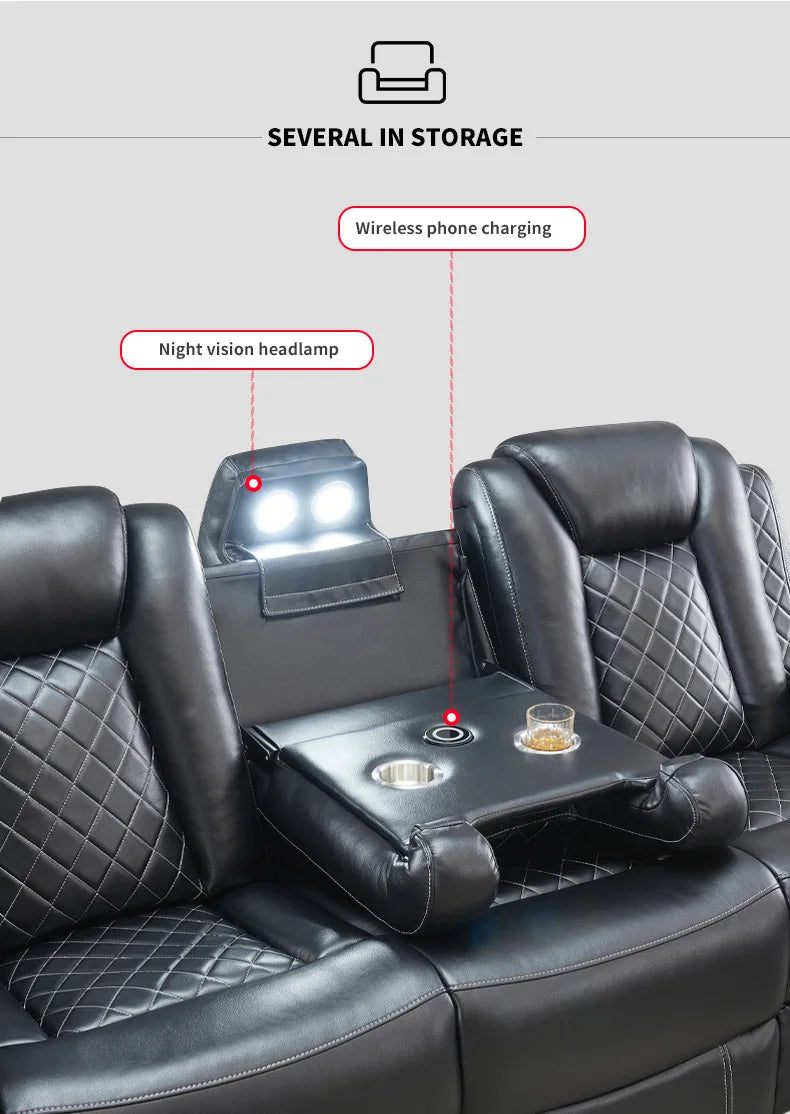 Power Reclining Sofa Couch with Wireless Charger/ 3 Seater Recliner/Reading Light Leather/ Bluetooth Speaker/ Theater Seating LED