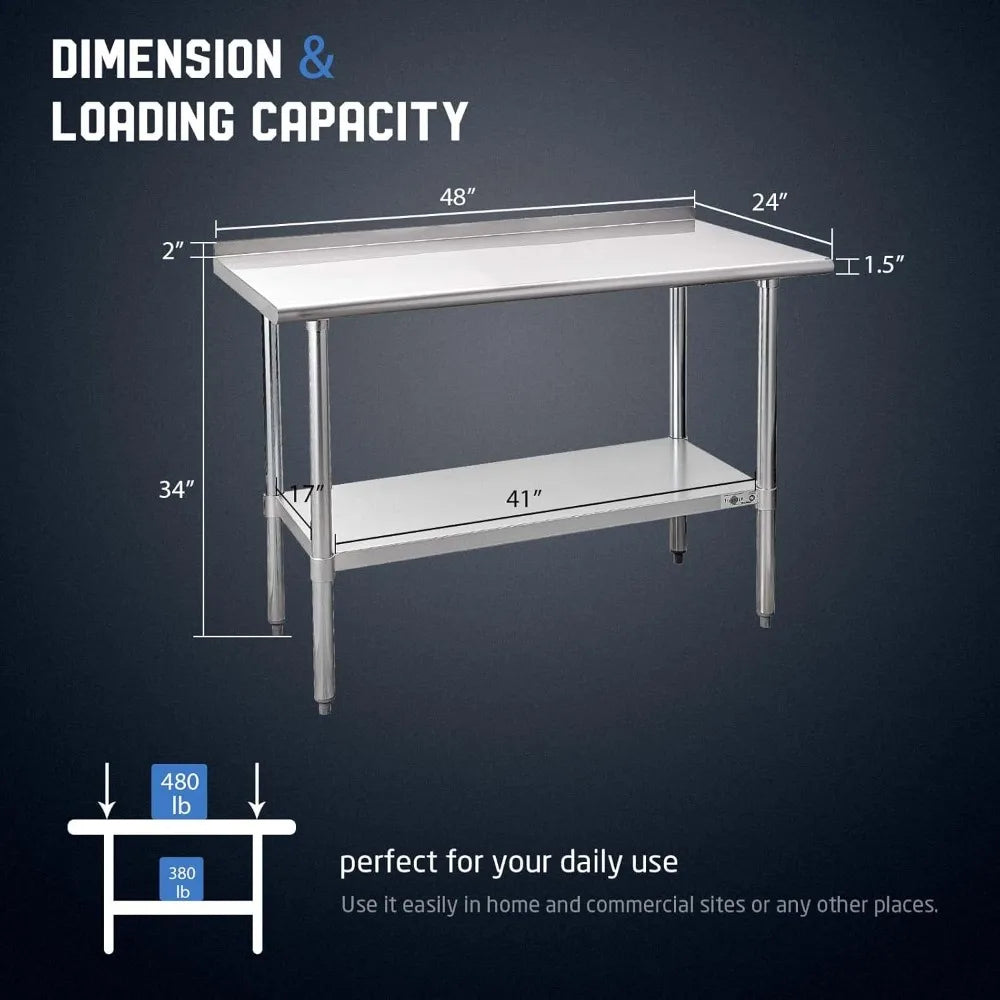 Customizable-Stainless Steel Prep Table NSF Commercial Work Table With Backsplash And Undershelf For Kitchen/ Restaurant 48x24"