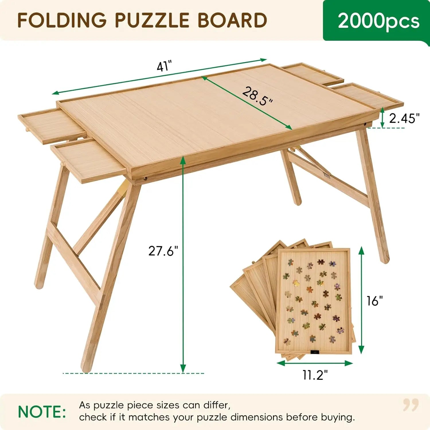 27.6" H Tall 2000 Piece Puzzle Table with Legs, 41" W x 28.5" D Large Wood Folding Jigsaw Puzzle Board with Cover for Adults