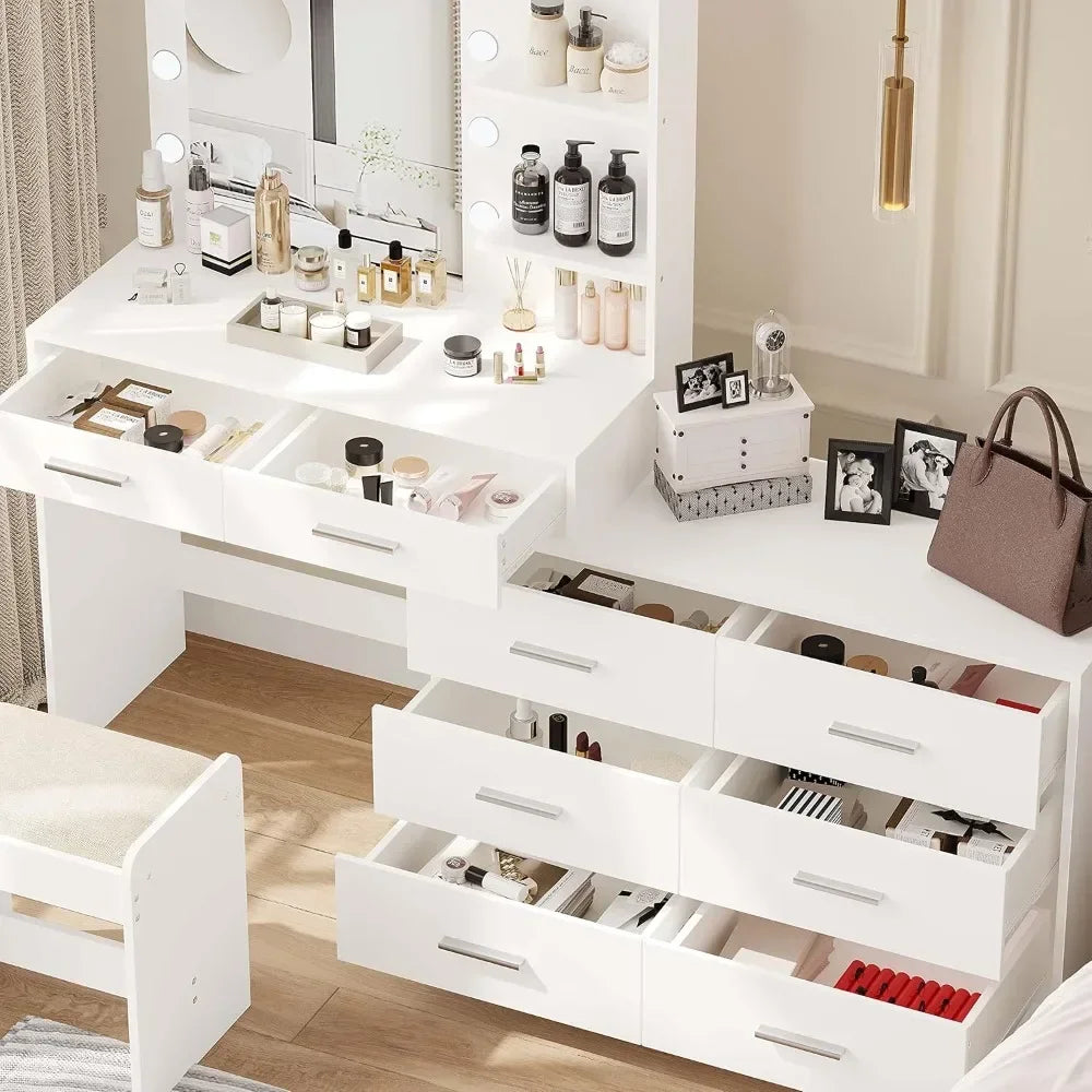 65-inch Vanity Desk with Luminated Mirror and 8-Drawer Storage Makeup Table