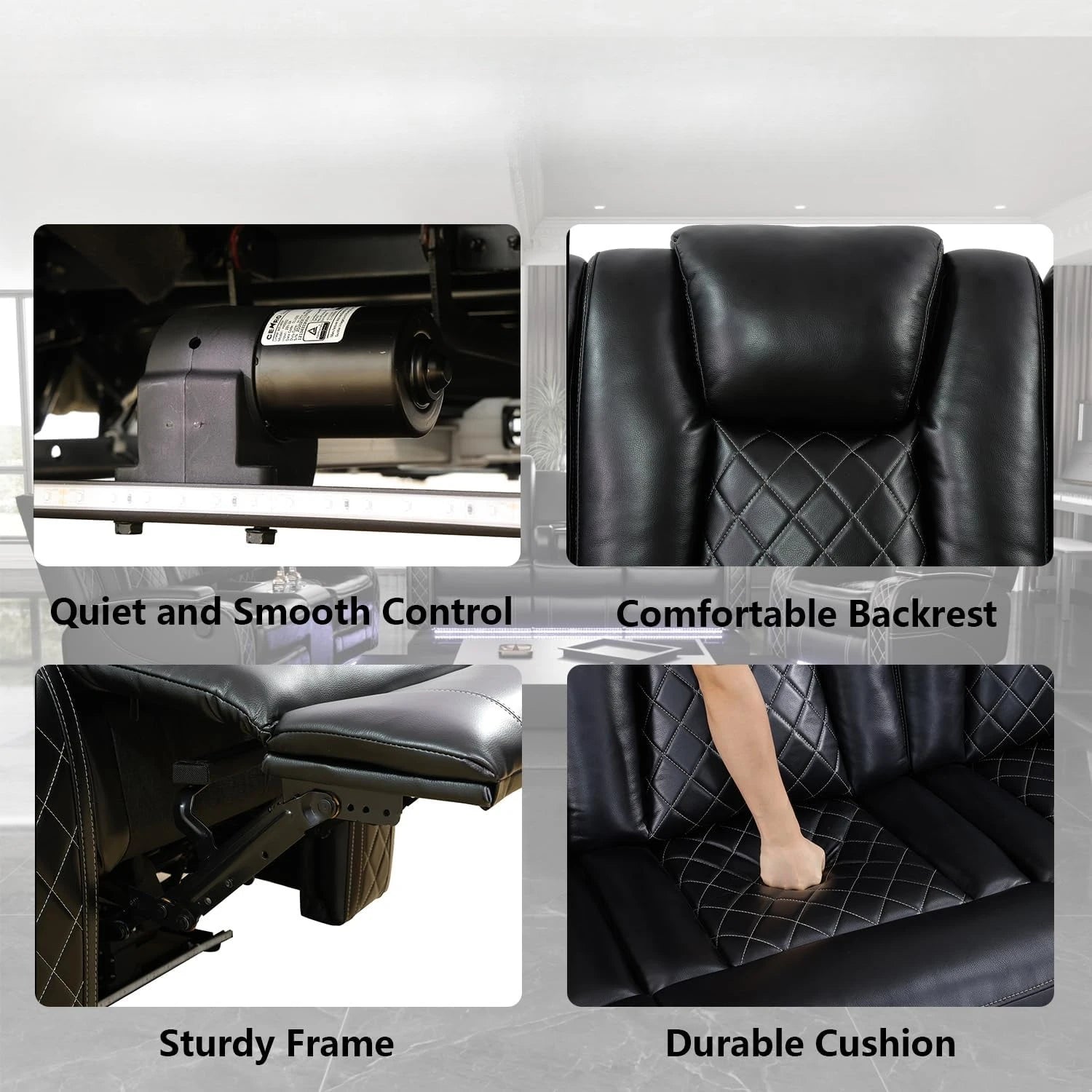 Power Recliner Sofa Set with LED Light for Living Room Furniture Black Leather 3 Seater Sofa