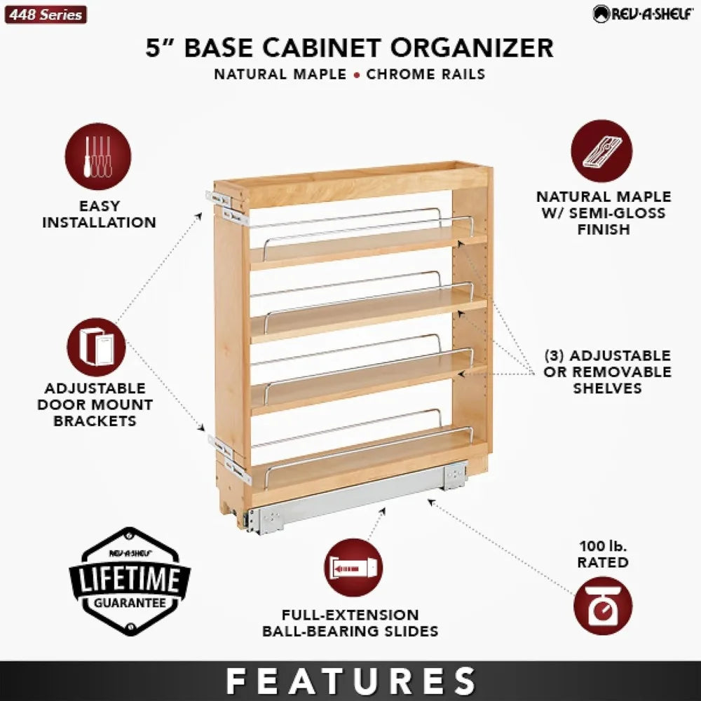 Rev-A-Shelf 5" Pullout Kitchen Cabinet Storage Organizer Slide Out Pantry Spice Rack with Adjustable Shelves for 5.5" W Cabinet