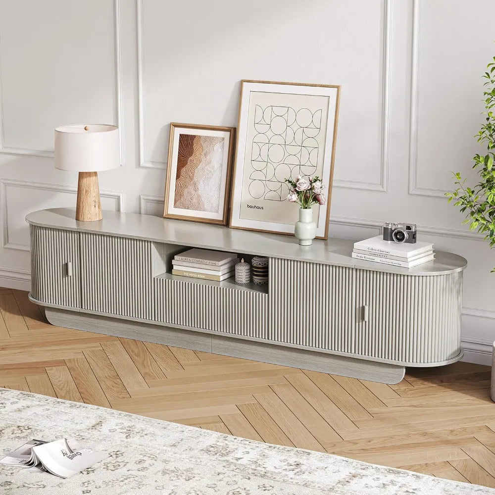 86.61'' TV Stand for 55-85", Entertainment Center with Large Storage Cabinet and Sliding Door, Curved Profile Design