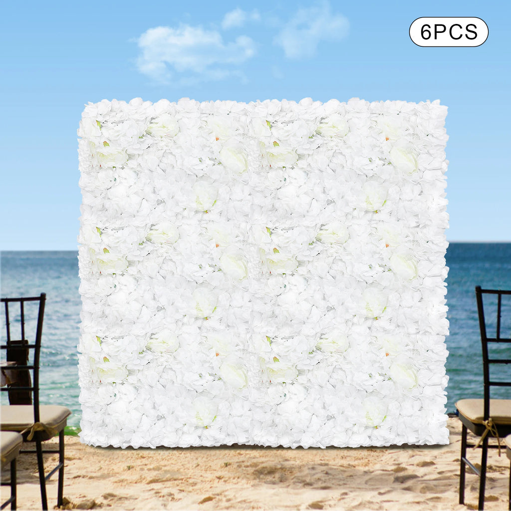 6 Pack Artificial Flower Wall Panels, 60x40cm Large Silk Rose/ Peony /Dahlia/ Hydrangea Flowers for Wedding Backdrop /Home Room Wall Decor, White Fake Floral Grid Panel Set for Indoor Outdoor Fence Privacy Screen Party/ DIY D