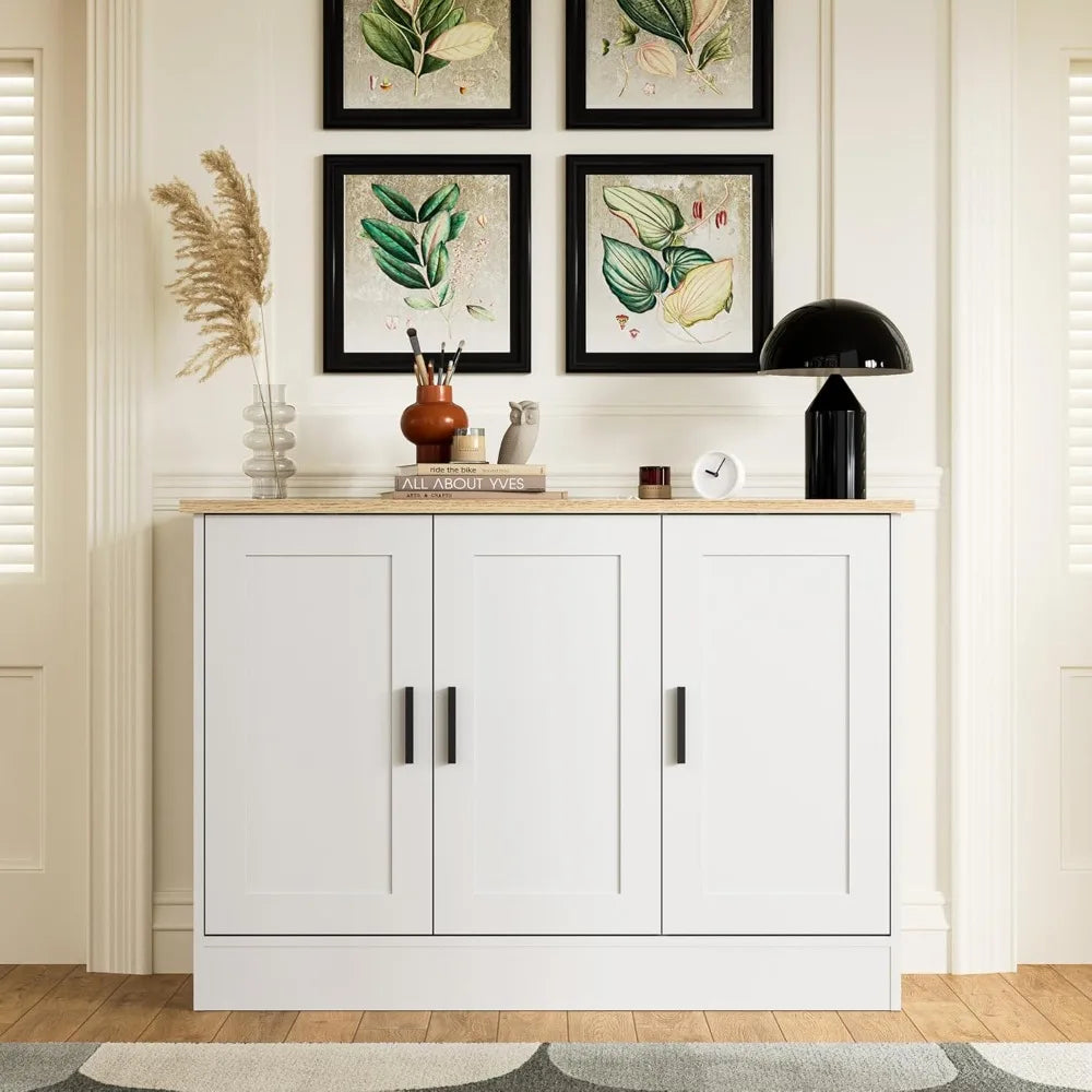 43.3”W White 3 Door Buffet Cabinet, Coffee Bar with Adjustable Shelf, Kitchen Sideboard for Living Room, Kitchen