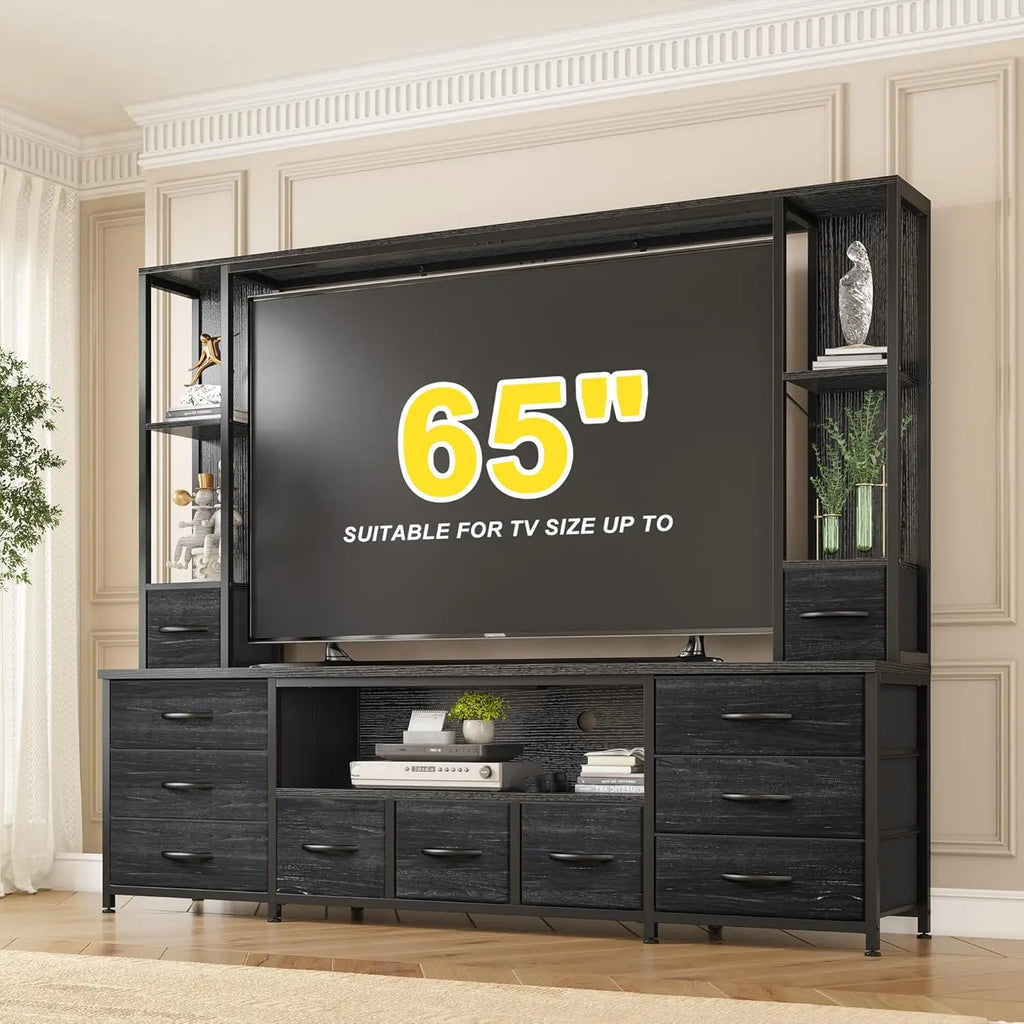 65" TV Stand for Living Room, Large Wall Unit Entertainment Center with 11 Fabric Drawers ,Dresser with 2 LED Lights