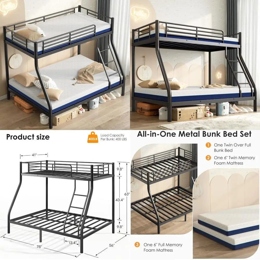 Metal Twin over 
Full Bunk Bed Set with 6-inch mattresses, sturdy frame for kids and adults