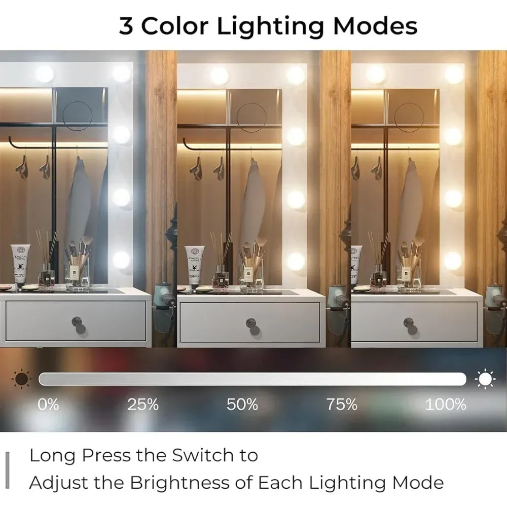 Vanity Desk with Power Outlet, Makeup Vanity with Mirror and 12 LED Lights, 3 Lighting Modes, 11 Drawers Vanity Table with Chair