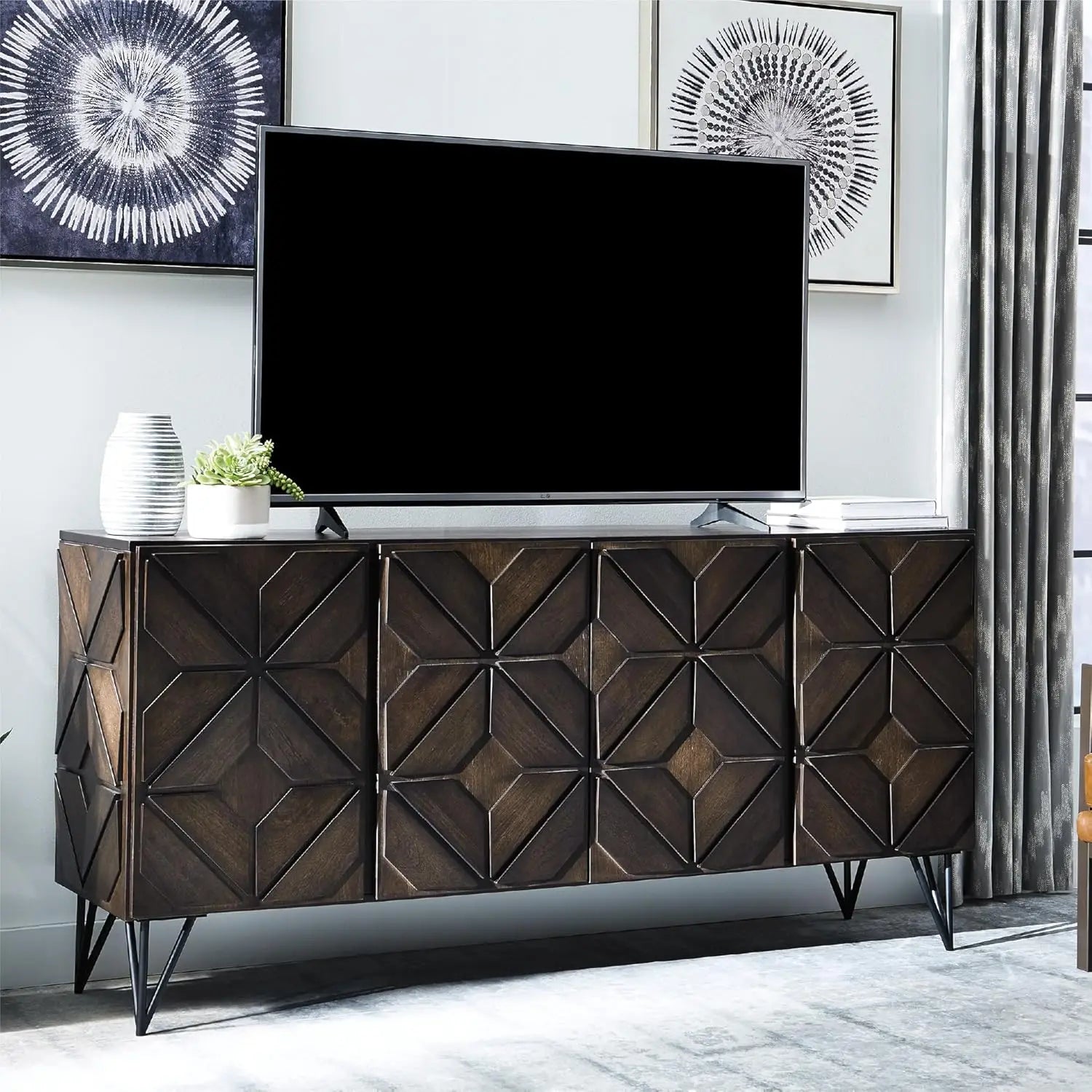 Urban Geometric Design TV Stand Fits TVs up to 70", 4 Cabinet Doors and 3 Adjustable Storage Shelves, Dark Brown
