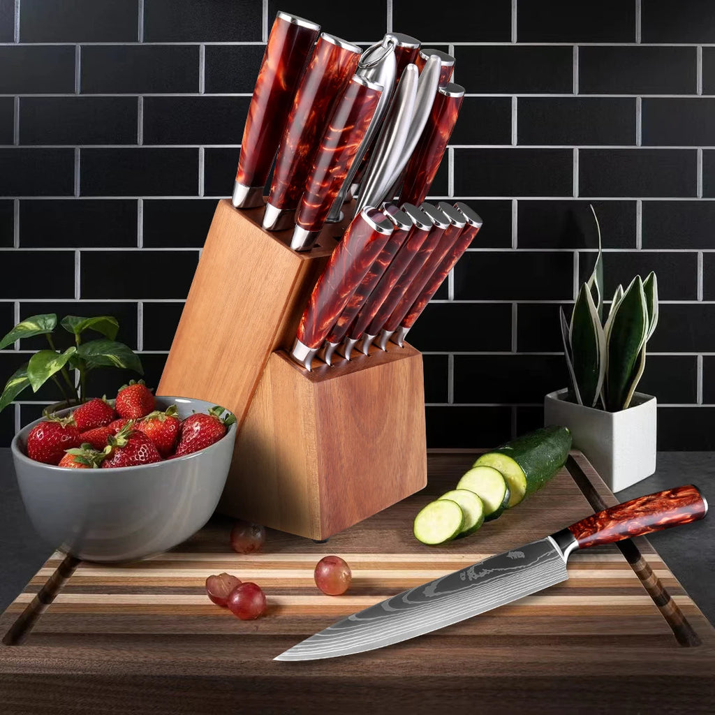Kitchen Knife Set 15-Piece With Wooden Block, Laser Damascus Pattern Steel Professional Chef's Knife, With Scissor Sharpening Rod