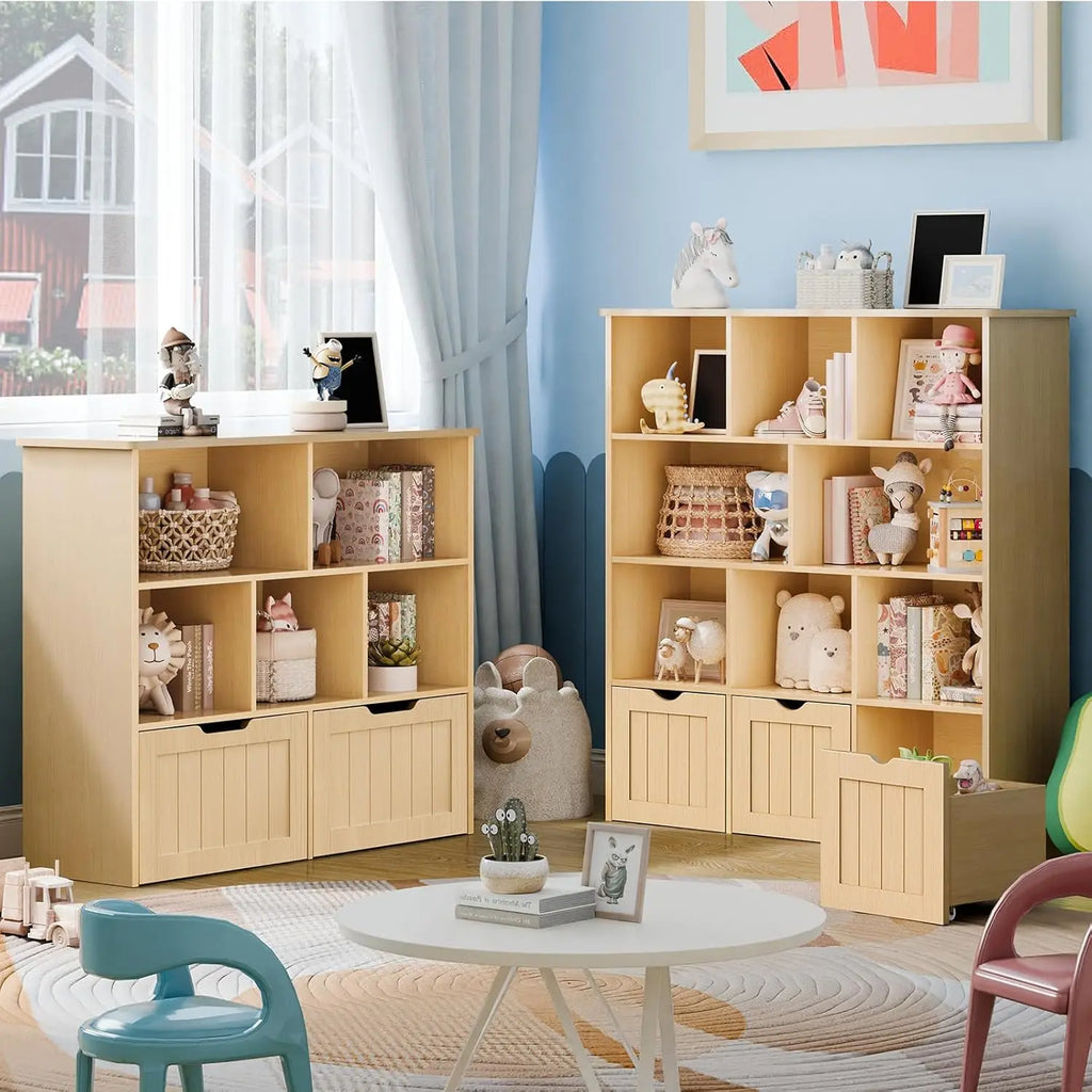 Oak Multifunctional Toy Organizer with 3 Movable Drawers and 8 Storage Cubbies, Kids Bookshelf and Toy Chest Shelf Organizer