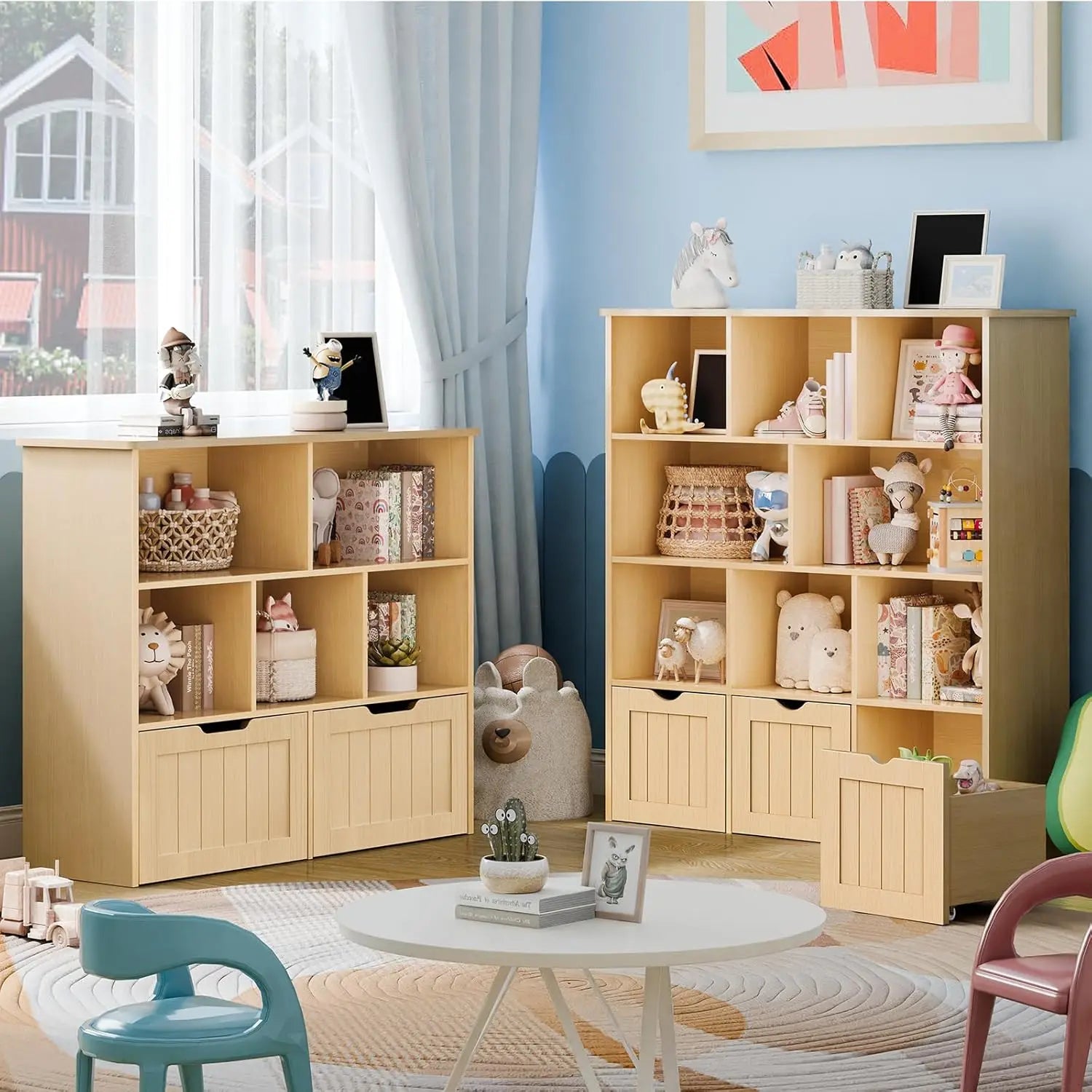 Oak Multifunctional Toy Organizer with 3 Movable Drawers and 8 Storage Cubbies, Kids Bookshelf and Toy Chest Shelf Organizer