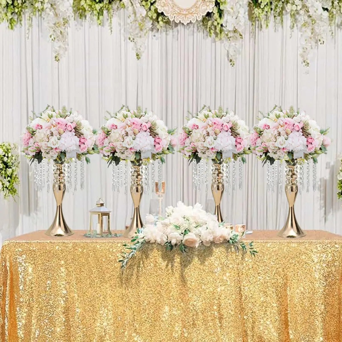 8 Pcs Gold Metal Flower Stands with Crystal Beads Wedding Centerpieces for Tables Party/ Centerpiece Vases /Celebration Home Decor
